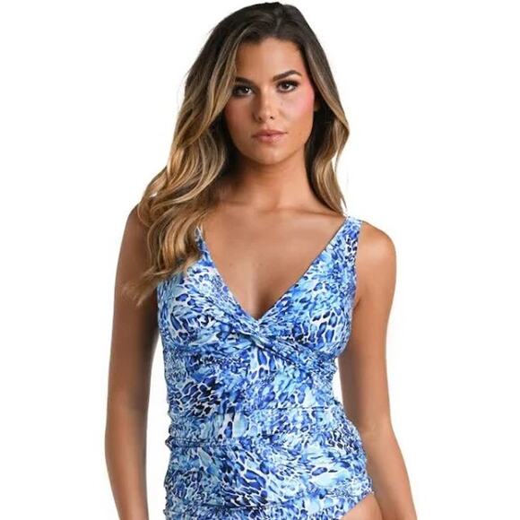 5011 NWT La Blanca Over The Shoulder Tankini Top, Blue/Aquatic Nature Size 12 - Picture 1 of 2